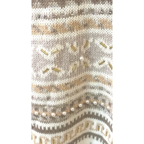 Vintage cottagecore LONG knit Women's Sweater 14 16 Beige Embellished grandmacor - Picture 14 of 14